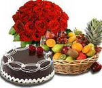 Send New Year Gifts with 20 Red Roses in vase and 1 Kg chocolate Cake and 3 Kgs Fruits