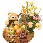 Send New Year Gifts with Mixed Flower Basket with Teddy and 2 Kg Fruits,.