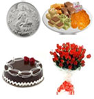 Send Pongal Gifts with 1 Kg Chocolate Cake and 1 Kg Assorted Sweets and 18 Red Rose Bouquet and Lakshmi Silver Coin.