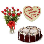 Send mothers day gifts with 15 red roses in vase with 1kg chocolate truffle eggless cake to chennai delivery