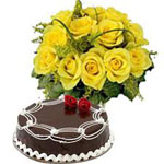 Send New Year gifts with 12 Yellow Roses Bouquet with 1Kg chocolate cake