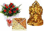 Send New Year Gifts with 12 Red Rose Bouquet  and 1 Kg Dry Fruits and Golden plated Ganesha
