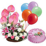 Send New Year Gifts with Mixed Flowers Basket with 5 Balloons and 1 Kg Strawberry cake 
