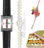 Rakhi Gifts with Bhaiya Bhabhi Watch Set and 1 Kg Kaju Sweets with Free Rakhi to Chennai Delivery