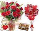 Combo Gifts with 12 Red Roses teddy FerreroRocher & 6 Heart Balloons to Chennai Delivery