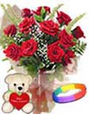 Combo Gifts with 12 Red Roses Bouquet  with Teddy and Love Band to Chennai Delivery