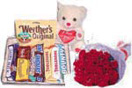 Anniversary Gifts with 12 Red Roses Teddy with Assorted Chocolate Bars to Chennai Delivery