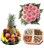 Rakhi Gifts with 3 Kg Fresh Fruits, 1/2  Kg Dry Fruits and 12 Pink Rose Bouquet with Free Rakhi to Chennai Delivery