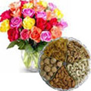 1 Kg. Assorted Dry Fruits with Bouquet of 24 Mixed Colour Roses Combo to Chennai Delivery