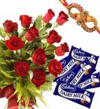 Rakhi Gifts with 12 Red Rose Bouquet with Cadbury Dairy Milk Chocolates with Free Rakhi to Chennai Delivery
