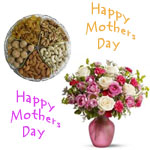 Send mothers day gifts with 1kg dry fruits with mixed  flowers in vase to chennai delivery